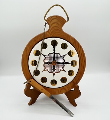 Mid Century Teak Wood Pocket Watch Clock Cutting Board & Stainless Steel Knife