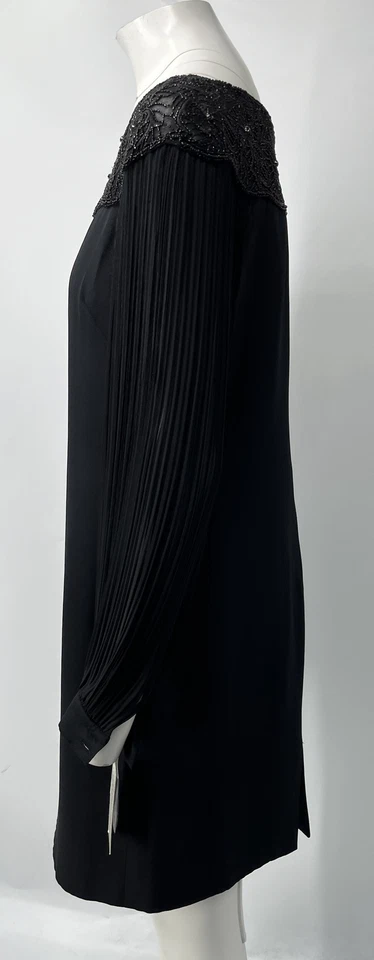 Vestido recto Teri Jon negro seda plisado manga adornado escote talla 8 nuevo con etiquetas Foto 2 de 4