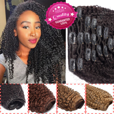 18 Inch Afro Kinky Curly/Straight Clip In Virgin Human Hair Extensions Full  Head