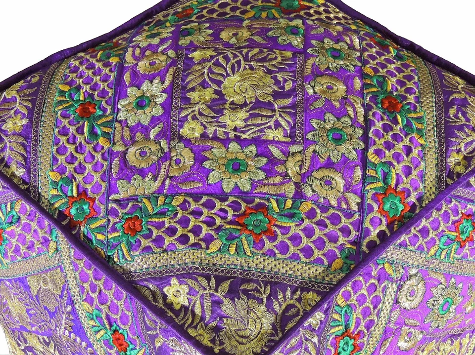 Purple Gold Embroidered Pouf Footstool Cover - Trendy Ethnic Indian Ottoman 18" - Image 2 of 4