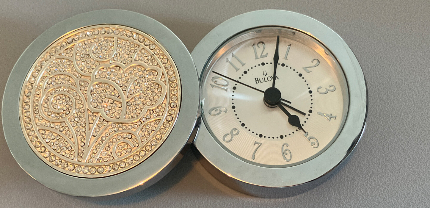 Rare Bulova Metal Hinged Decorative Alarm Clock White Silver Rare Untested