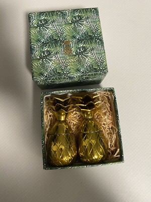 Pineapple Company Brass Pineapple Shot Glasses Gold Finish Set of 2 New