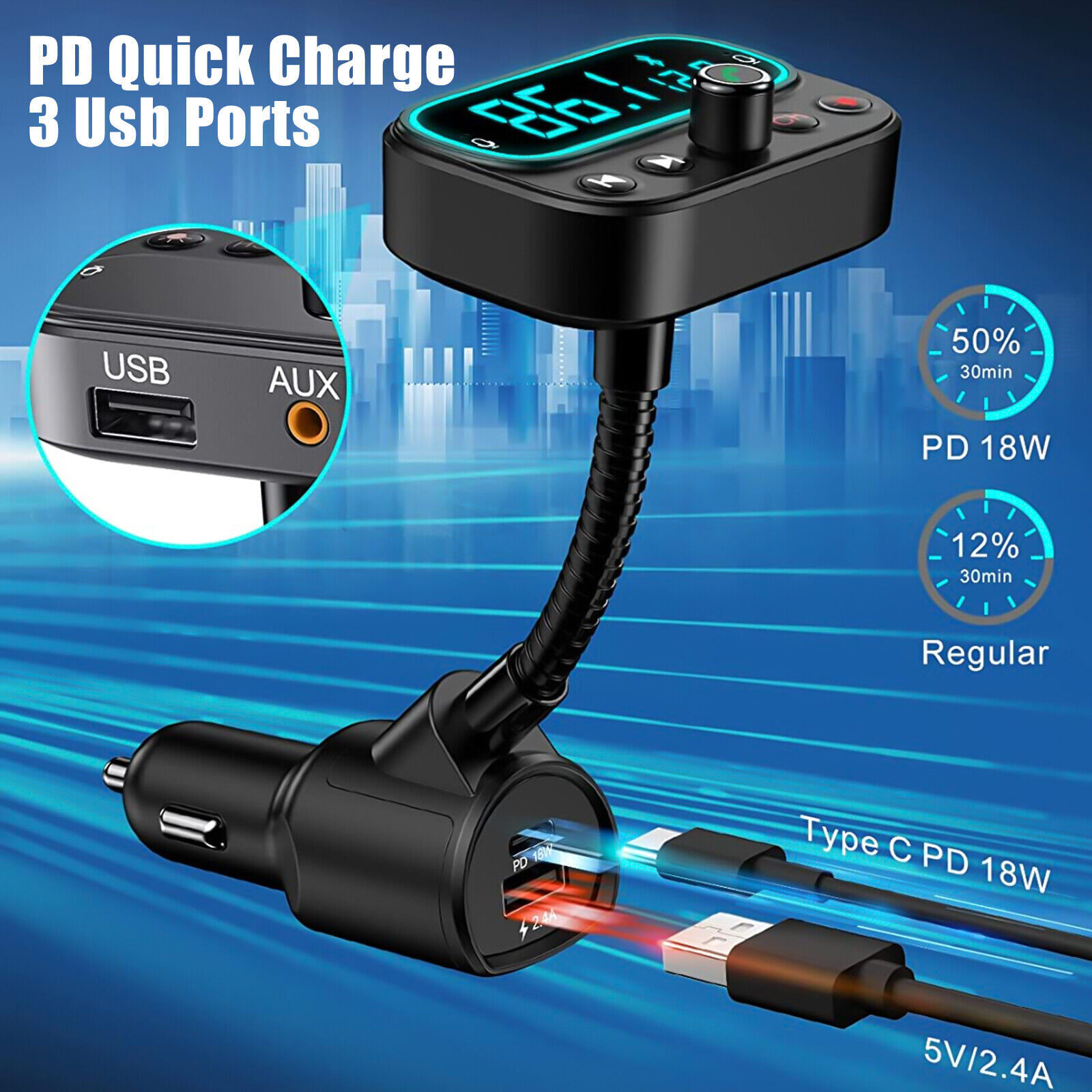 Bluetooth 5.0 Car Wireless FM Transmitter Adapter 3USB PD Charger AUX HandsFree eBay