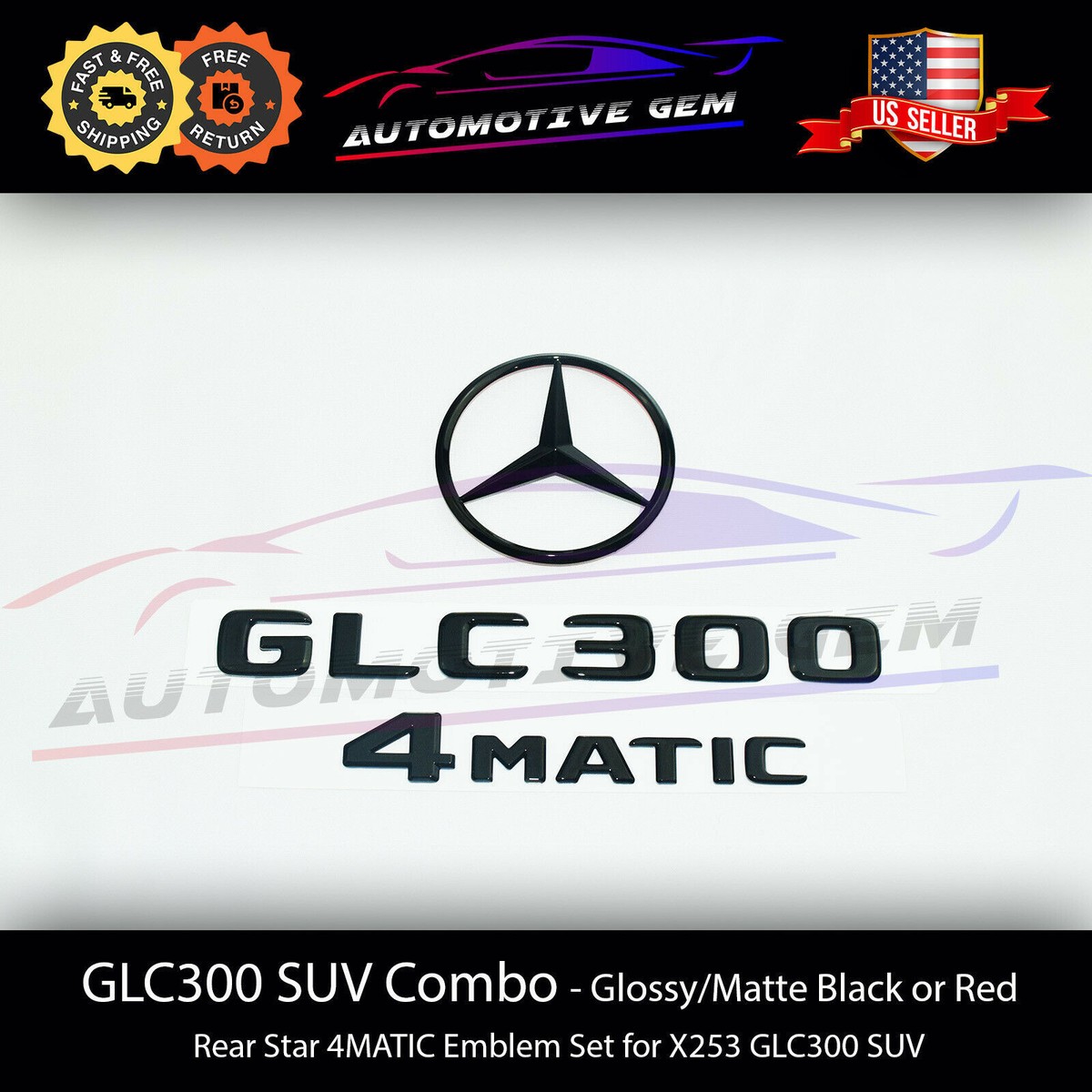GLC300 SUV 4MATIC Rear Star Emblem Black Letter Badge Logo Set