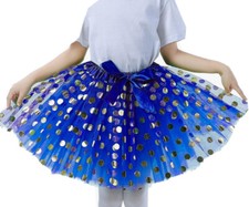 NIP DAISY BOUTIQUE Girl's 5 layer blue Tutu Skirt blue/gold polka dots sz.8T-15T