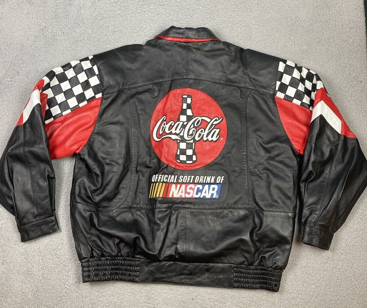 Coca Cola NASCAR Co Branded Leather Jacket Mens Black Extra Coca Cola NASCAR Co Branded Leather Jacket Mens Black Extra