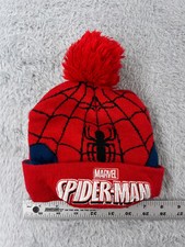 Spiderman Beanie Toque Youth One Size Red Knit Embroidered Acrylic Blend Ski Pom