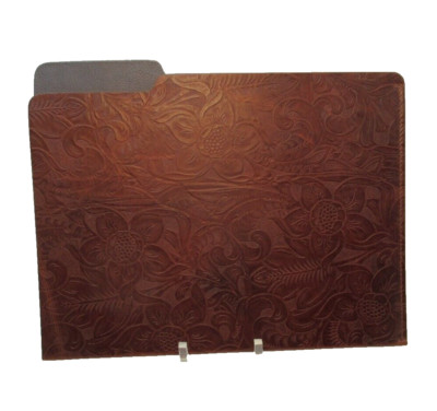 File Folder Leather Floral Embossed Print Graphic Image Made in America Brown