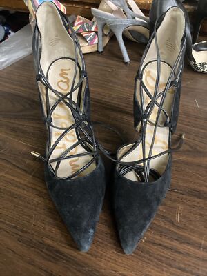 sam edelman black suede lace up heels pointy toe size (S4