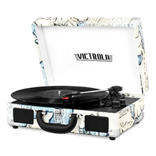 Vintage 3-Speed Bluetooth Suitcase Turntable with Speakers, Retro Map Wireless