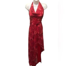 Halston Heritage Chiffon Halter Maxi Dress Sz. 16 Red Draped Neck Cocktail Party