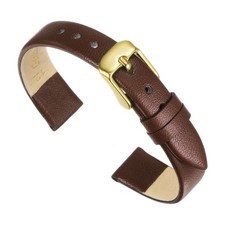 Genuine Leather Band 14mm Flat Leather Watch Strap Dark Brown/Golden Tone Buckle