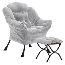 Fabric Lazy Chair with Ottoman, Oversized Upholstered Sofa Chair Light Gray-f