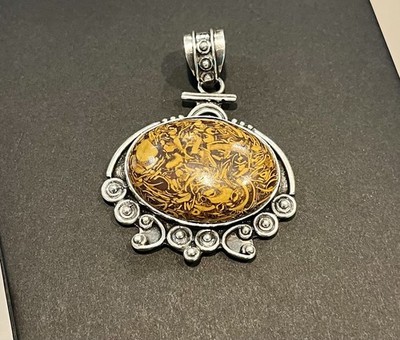 Vintage Sterling Silber Miriam Jaspis Kalligraphie Stein Anhänger 22 Gramm