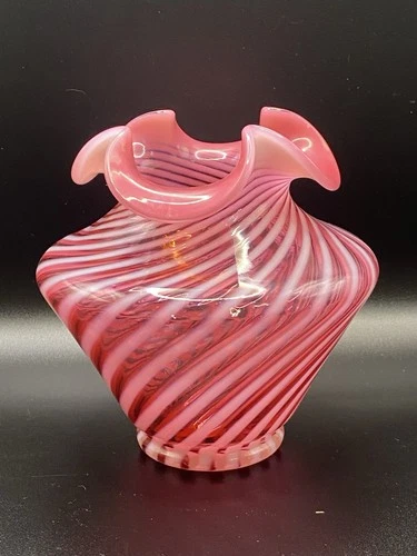 Vintage Fenton Cranberry Opalescent Optic Swirl Vase