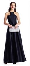 Adrianna Papell Navy Satin Halter Gown Dress Size 10 Sleeveless Pockets