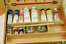 Vtg Wooden Artist Oil Paints Box Brushes oils glass wood pallets Leather Handle