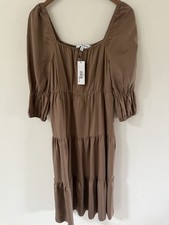The Drop Women's Keyla Puff-Sleeve Square-Neck Tiered Midi Dress Small New Brown