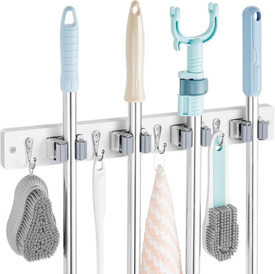 OUTNILI White Mop Broom Holder Wall Mount with 4 Slots & 4 Hooks - Wood Broom Mo
