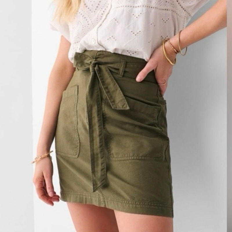 Faherty Skirt Olive Green Women's 4 Belted Cotton Linen Casual Earthy Minimalist