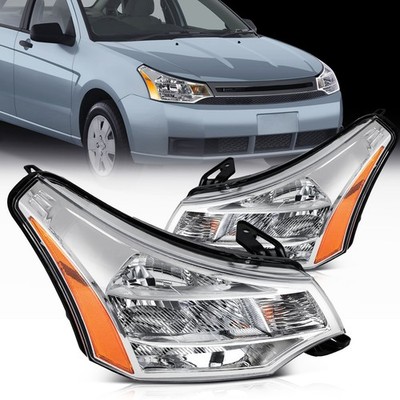 Pair Set Headlights Assembly For 2008-2011 Ford Focus S SE SES SEL Chrome Amber