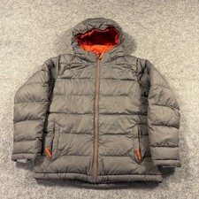 LL Bean Down Puffer Jacket Kids 14-16 Gray Hooded Fleece Lined Winter Coat