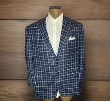 Holland & Sherry Bespoke Blazer Blue Plaid Windowpane Sport Coat Preppy 44