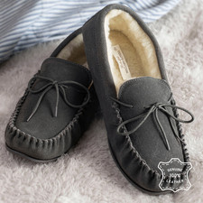 Men's Wool Lined Suede Moccasin Slippers Hard Sole Grey Mens Moccasins