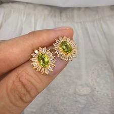 Oval Cut Simulated Green Peridot Women's Stud Earrings In 14k Yellow Gold Plated