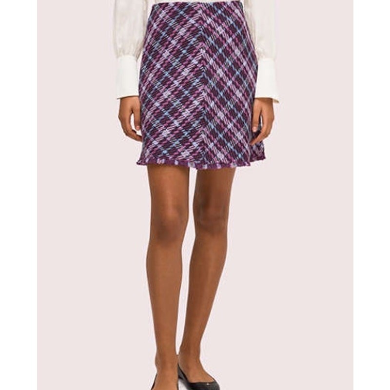 Kate Spade NWT Purple Plumtree Plaid Tweed Fringed Hem Mini Skirt Size 0