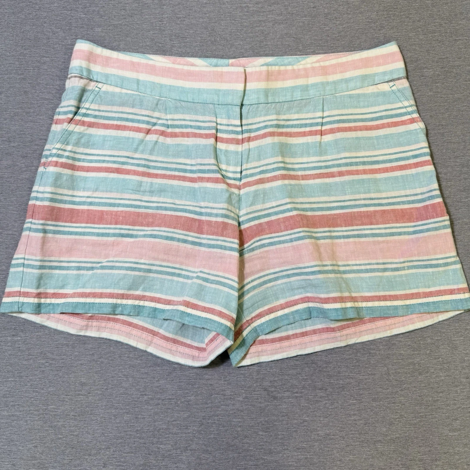 Tommy Bahama Womens Shorts Size 10 Striped 100% Linen Green Pink Vacation Beach