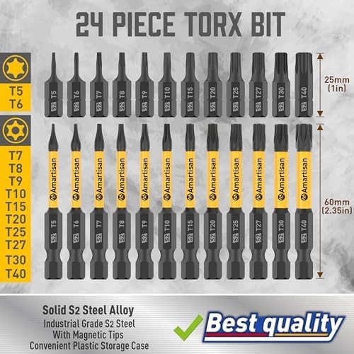 24-Piece Torx Bit Set S2 Steel T5-T40 Security Fastener