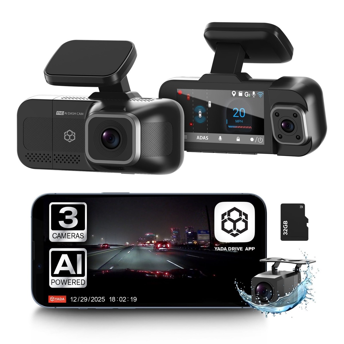 YADA BT534582-6/2 RoadCam AI 3-Channel Dash Cam with AI-Powered