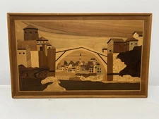 Vtg Inlay Inlaid Wood Marquetry Wall Art Town City Bridge Framed 30" x 18.25"