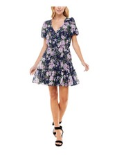 CRYSTAL DOLLS Womens Short Dress Blue Tie Pouf Sleeve Pullover Juniors XS