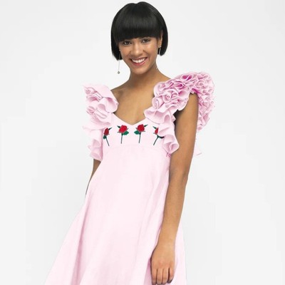 Fanm Mon long dress L pink 100% linen Demre maxi ruffle sleeve rose new $357
