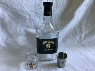 Jim Beam Black 750ml Aged 7 Years Empty Bourbon Bottle + 2 Shot Glasses
