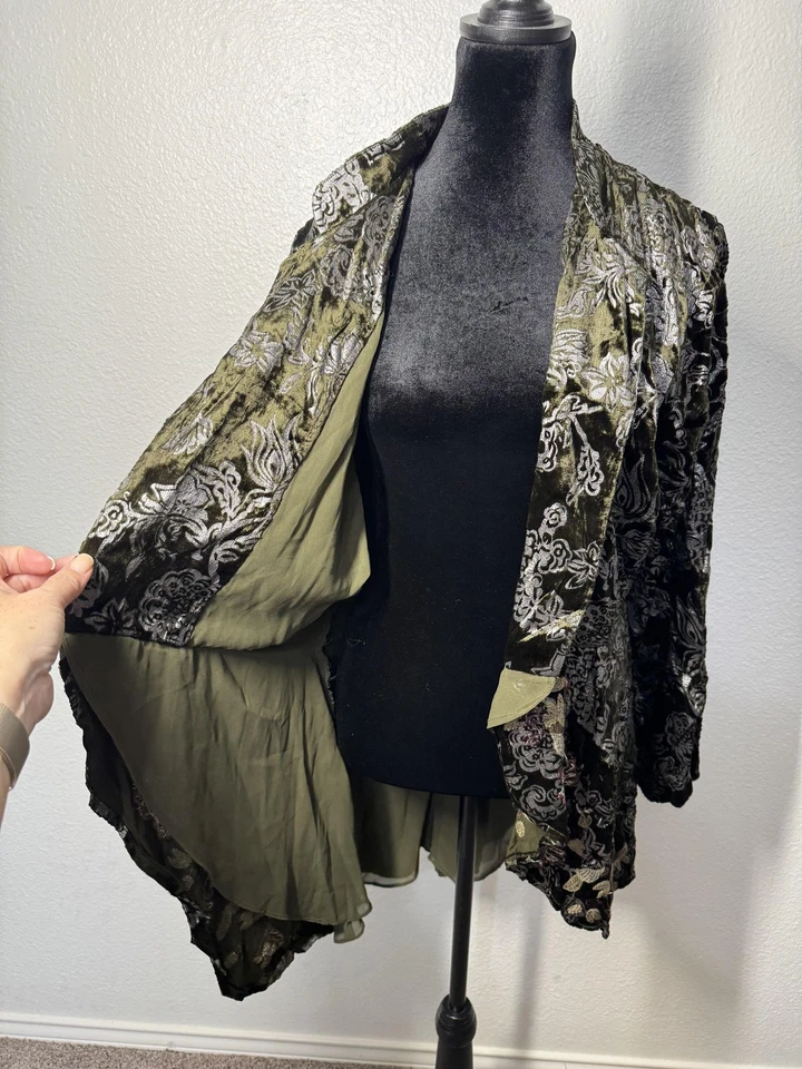 Chicos Jacket Womens 3 Olive Burnout Velvet Floral Embroidered Boho Open Front - Image 4 of 4