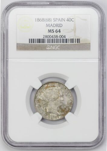 Spain 1868(68)M 40 centimos de escudo Queen Isabel II NGC MS64 - Picture 3 of 5