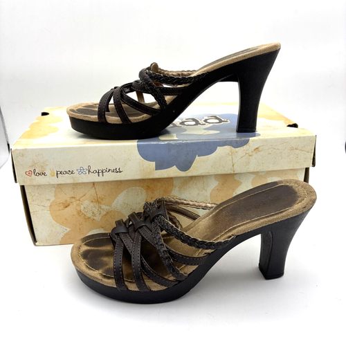 Mudd 90s Heels Sandals Slip On Strappy Brown Open Toe Neutral Casual Womens 6.5