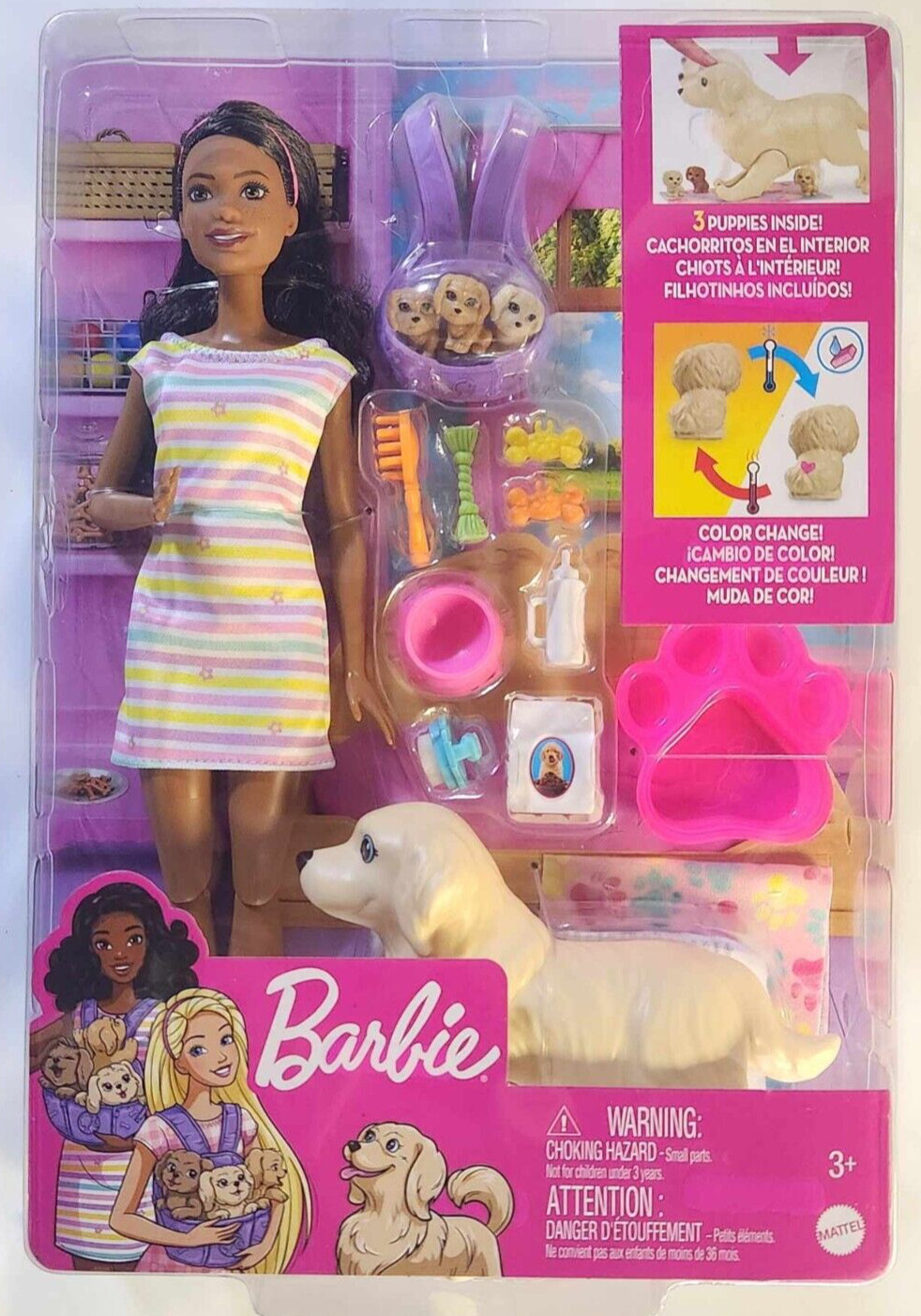 Barbie Doll New Born Pups Yellow Dog W/ Accessories Playset