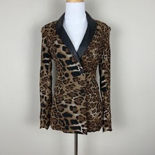 Stones Blazer Jacket Womens XS Brown Black Leopard Print Faux Leather Collar