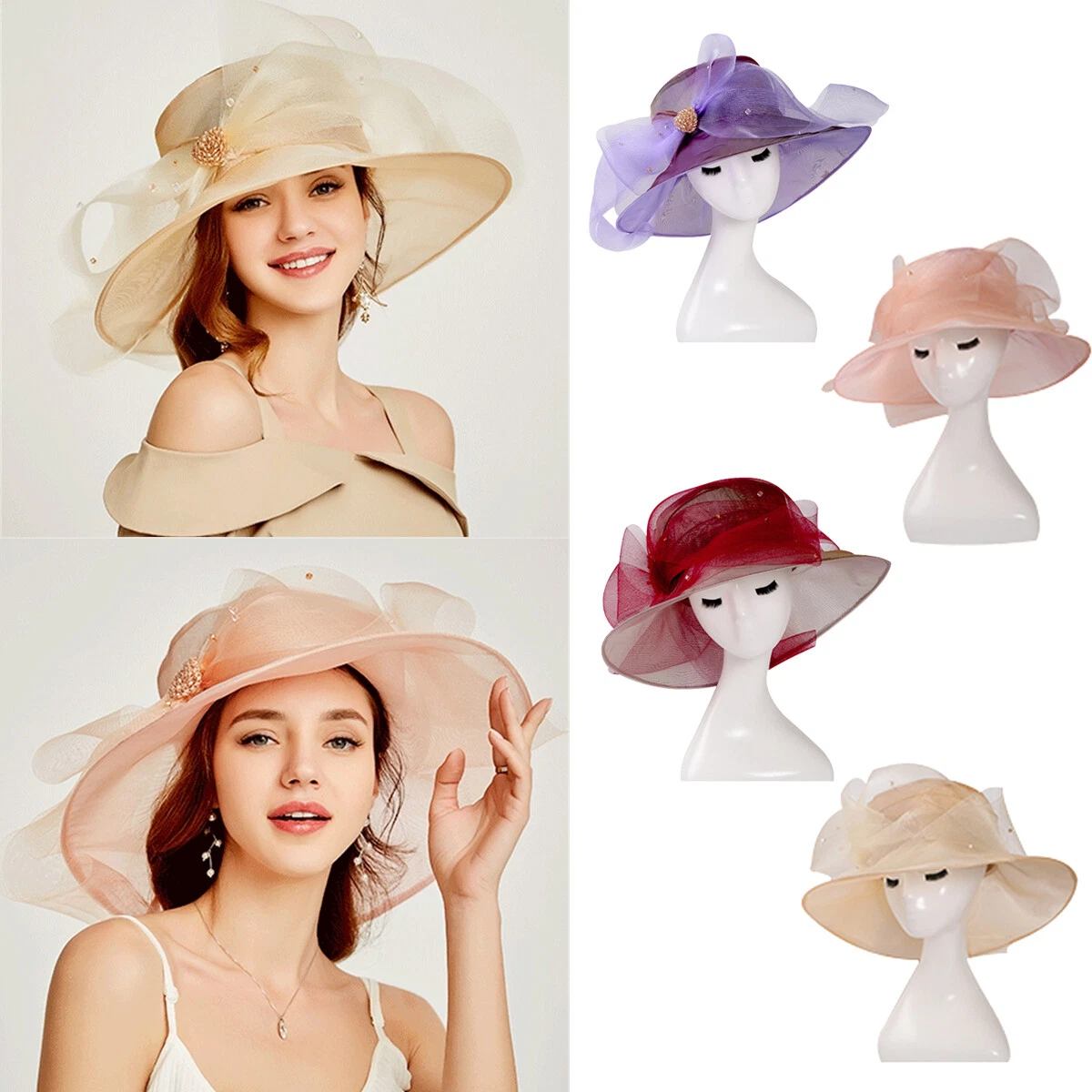 Kentucky Wide Brim Mesh Organza Derby Hat Women Floral Church Party Formal Cap