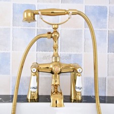 Deck Mount Gold Clawfoot Tub Faucet Telephone Style Handheld Shower Mixer Tap