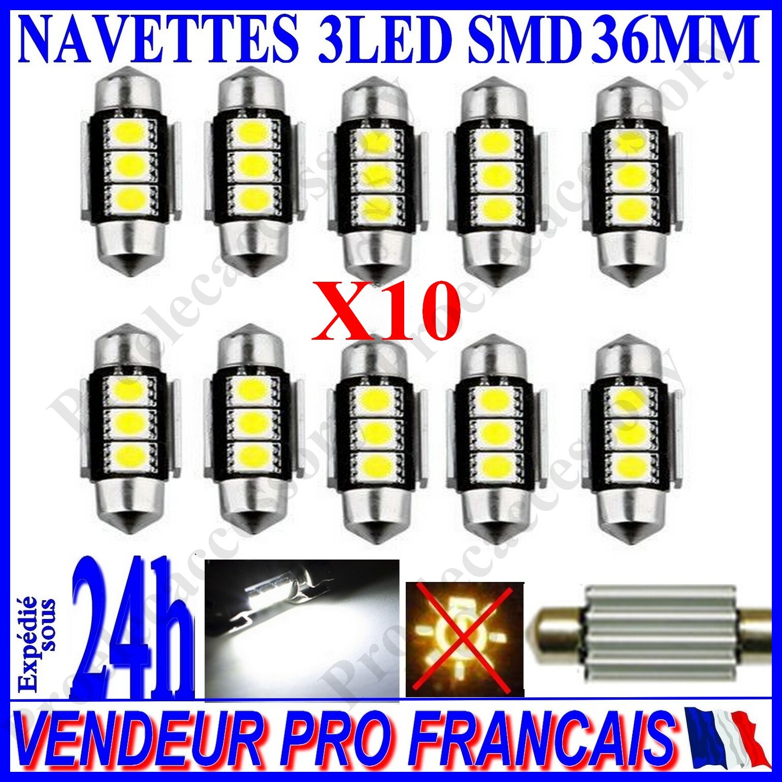 Ampoule LED C5W 37mm Blanc 6500k pour Plafonnier Voiture Auto 10X