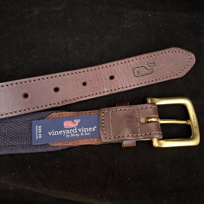 Vineyard Vines Whale Belt Size 30 Brown Leather Navy Canvas  display picture 3