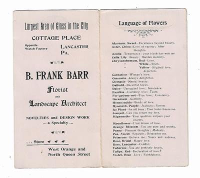 Trade Card Frank Barr Florist Landscape Architect Lancaster Cottage Place Flower