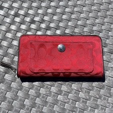 Coach Red Zip-Around Wallet Logo Pattern Card Slots Coin Pocket Women's