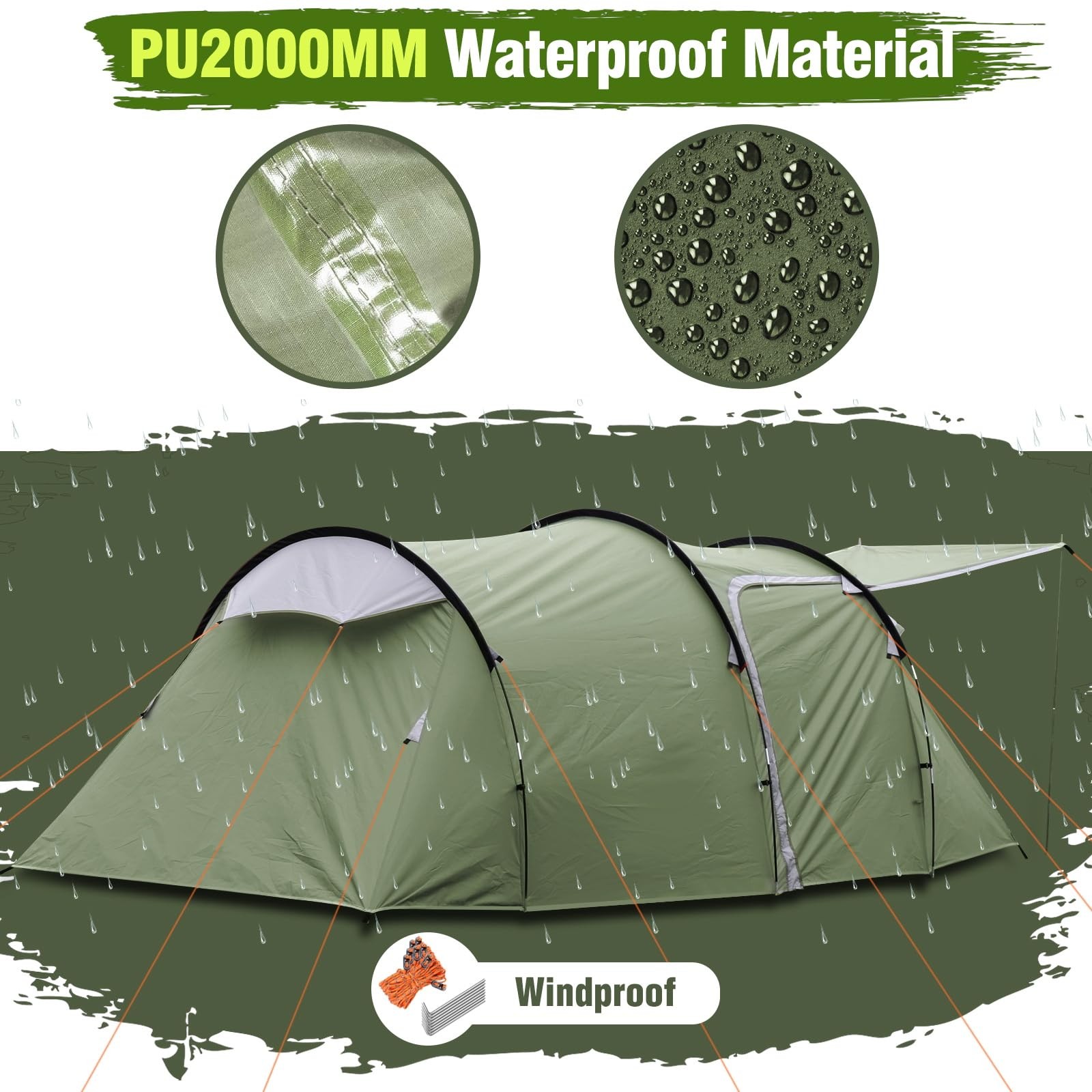 Camping Tents Tunnel Tent 4 Person Family Tents with 2 Doors Extra Large Weat...