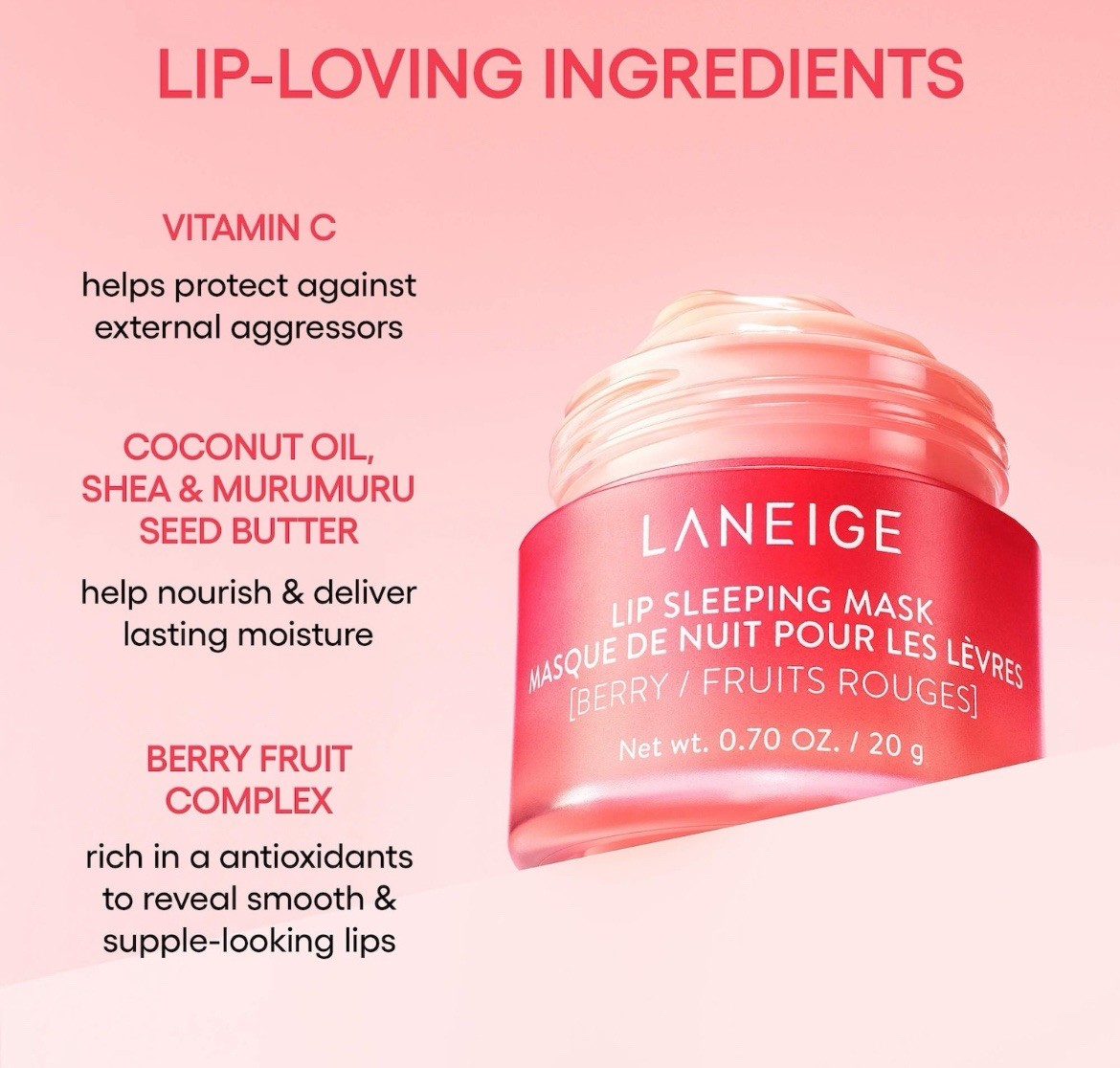 LANEIGE Lip Sleeping Mask Intense Hydration with Vitamin C, Strawberry Shortcake